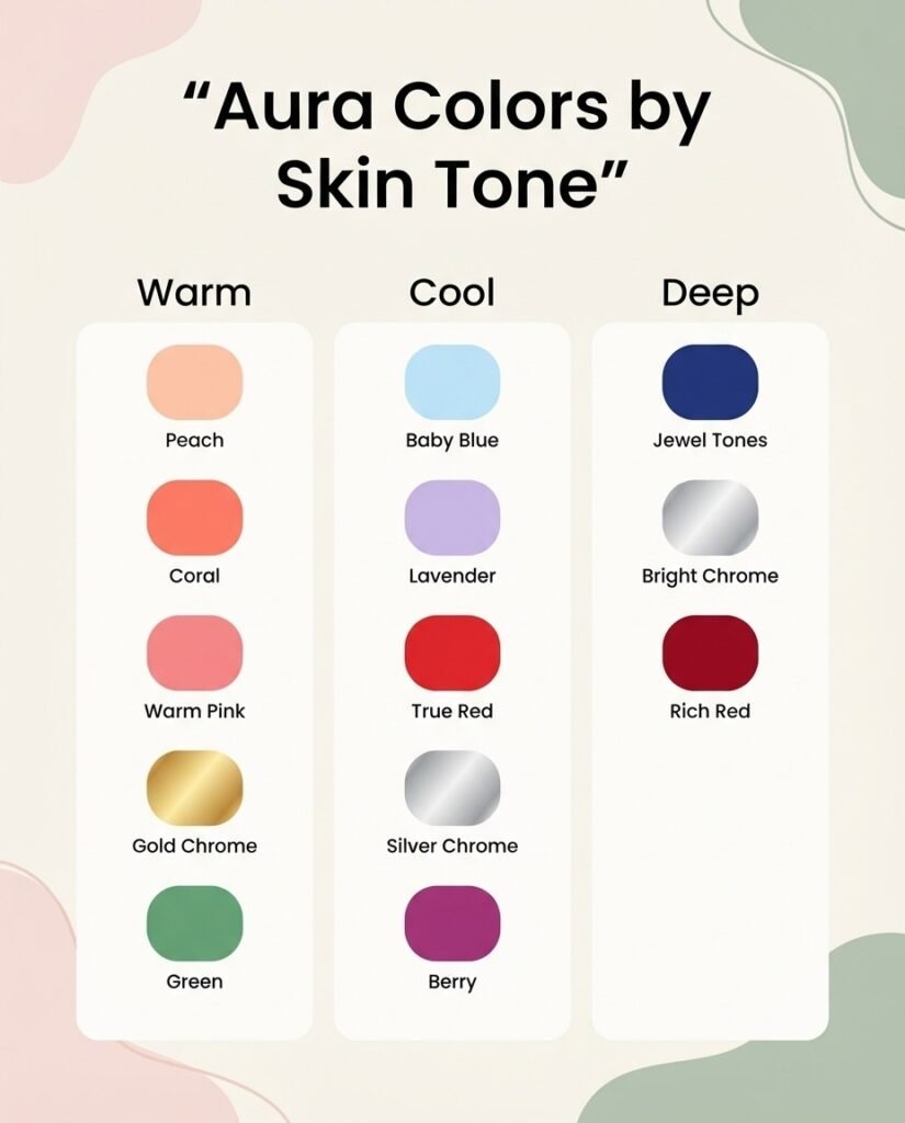 Color guide chart matching flattering aura nail shades to warm, cool, and deep skin tones