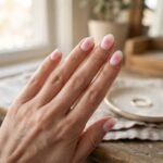 Close-up of milky white aura nails with a soft pink glowing center on short almond nails