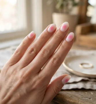 Close-up of milky white aura nails with a soft pink glowing center on short almond nails