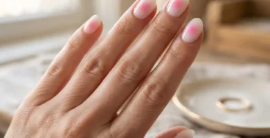 Close-up of milky white aura nails with a soft pink glowing center on short almond nails