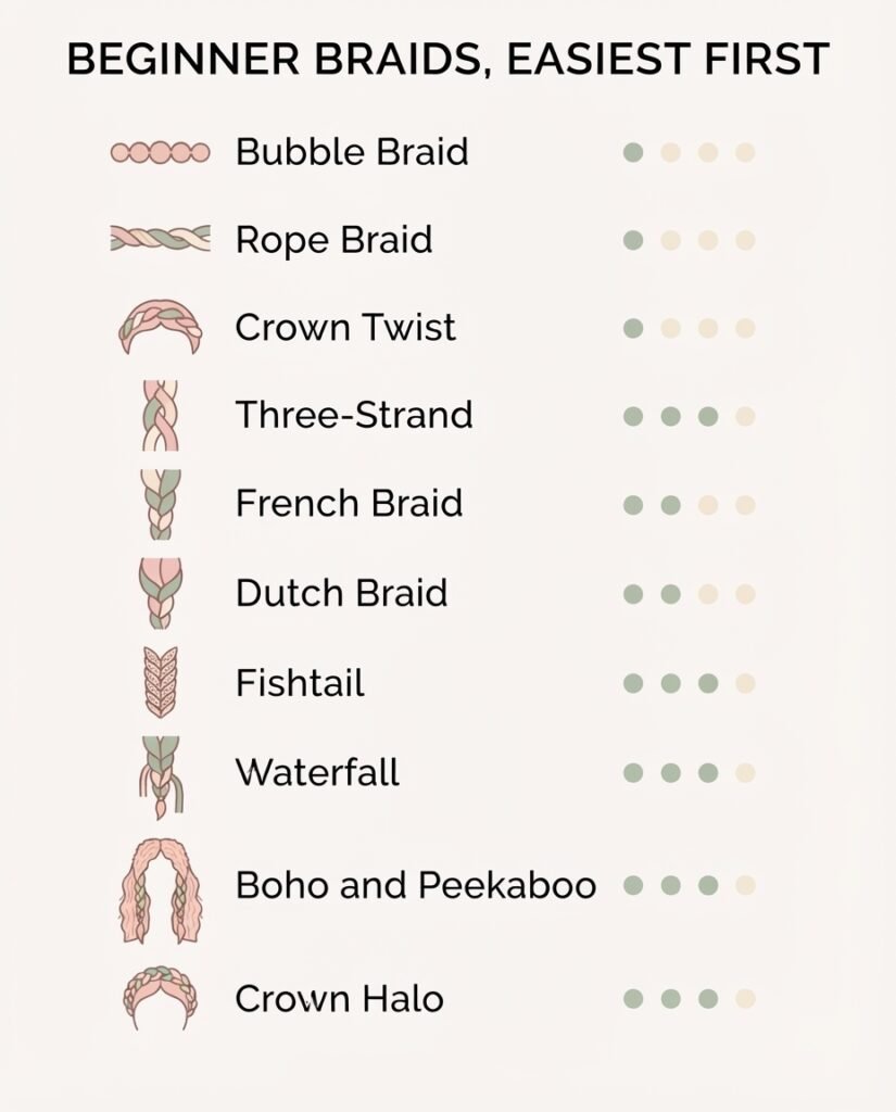 Vertical guide ranking ten beginner braided hairstyles from easiest to hardest with simple icons and difficulty labels