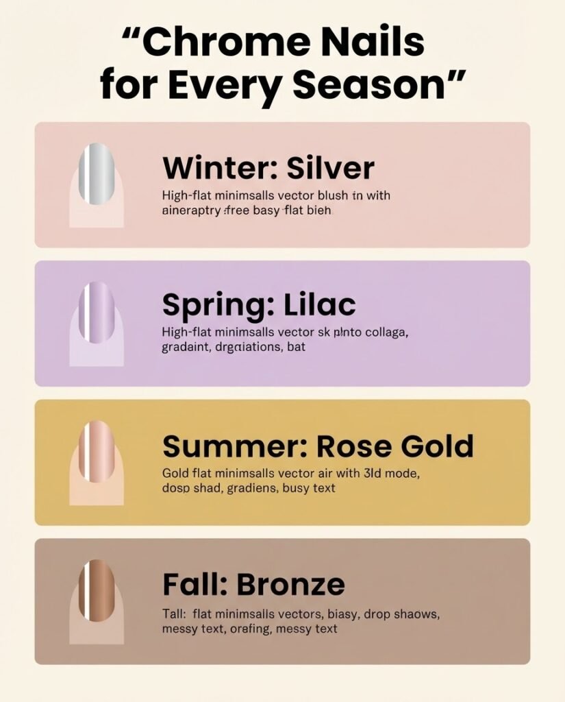 Seasonal chrome nail color guide showing silver winter, lilac spring, rose gold summer, and bronze fall chrome swatches