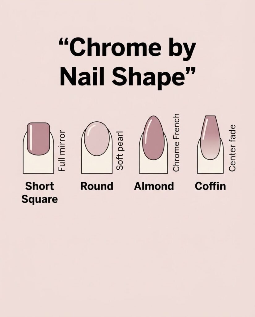 Nail shape guide showing chrome placement for short square, round, almond, and coffin nails with flattering tips