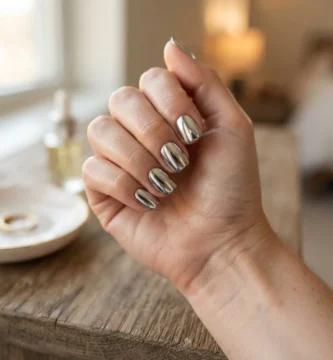 Close-up of silver mirror chrome nails in a short square shape on a realistic hand, liquid-metal finish in soft daylight