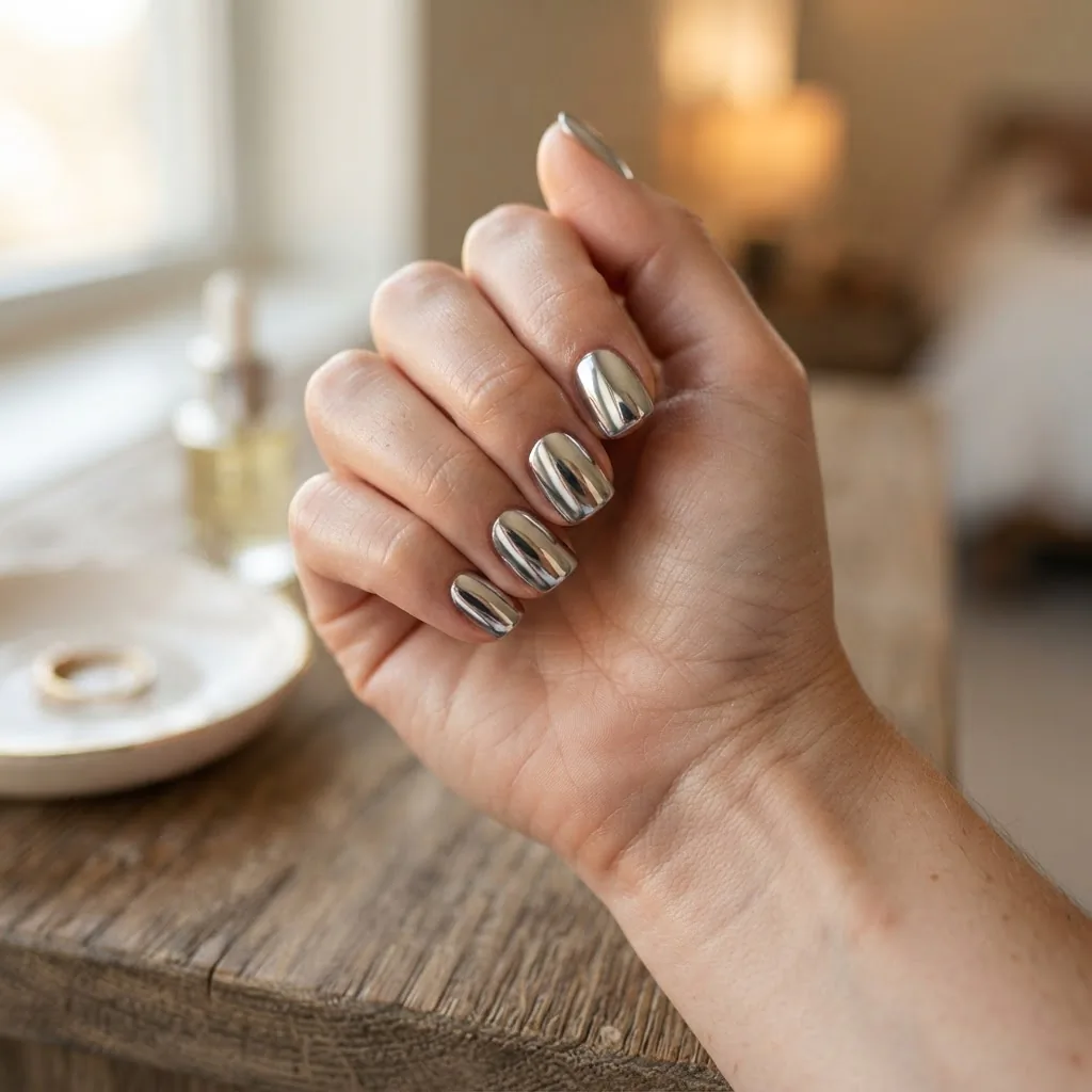 Close-up of silver mirror chrome nails in a short square shape on a realistic hand, liquid-metal finish in soft daylight