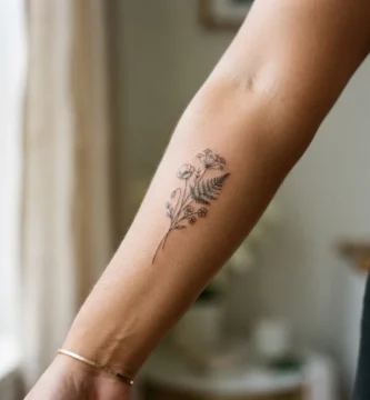 Close-up of a delicate fine-line single-stem wildflower tattoo on an adult woman's inner forearm