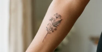 Close-up of a delicate fine-line single-stem wildflower tattoo on an adult woman's inner forearm