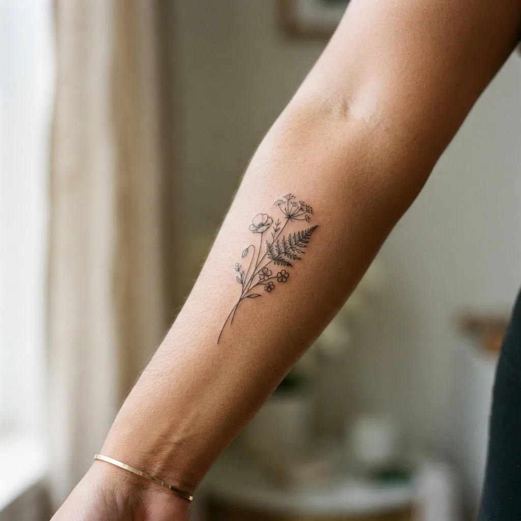 Close-up of a delicate fine-line single-stem wildflower tattoo on an adult woman's inner forearm