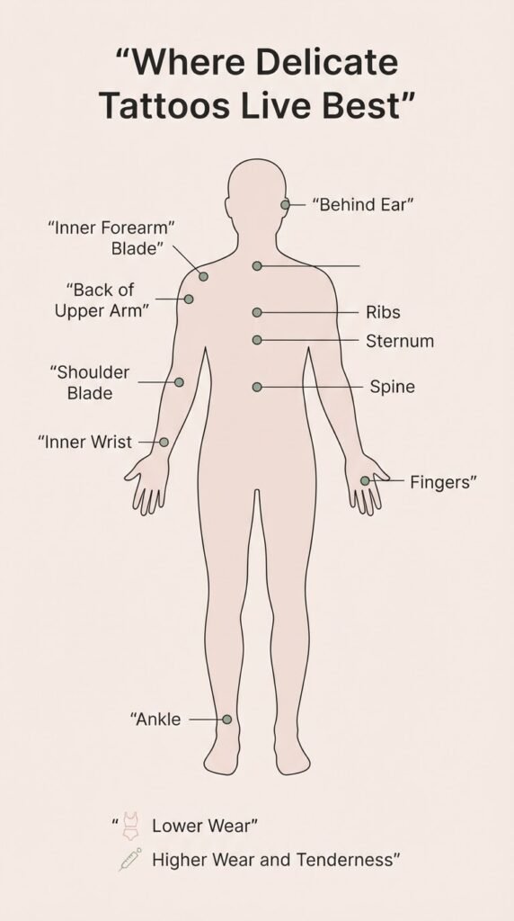 Body map infographic showing best placements and general pain levels for delicate minimalist tattoos