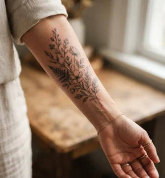 Delicate fine line floral tattoo on an adult woman's inner forearm, elegant close-up of professionally done botanical ink