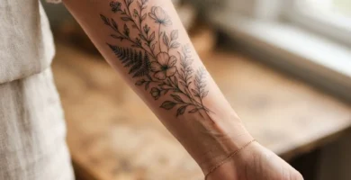 Delicate fine line floral tattoo on an adult woman's inner forearm, elegant close-up of professionally done botanical ink