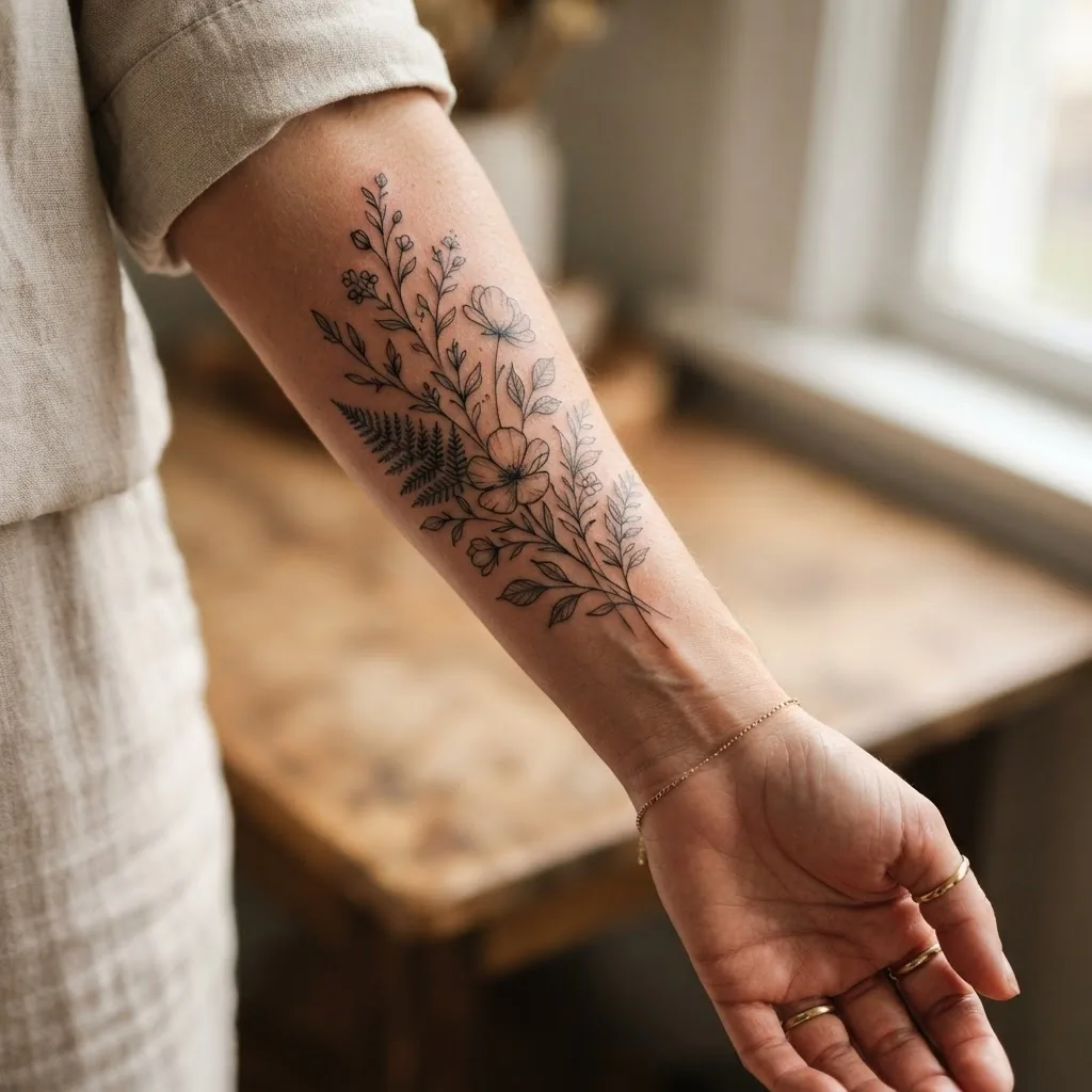 Delicate fine line floral tattoo on an adult woman's inner forearm, elegant close-up of professionally done botanical ink