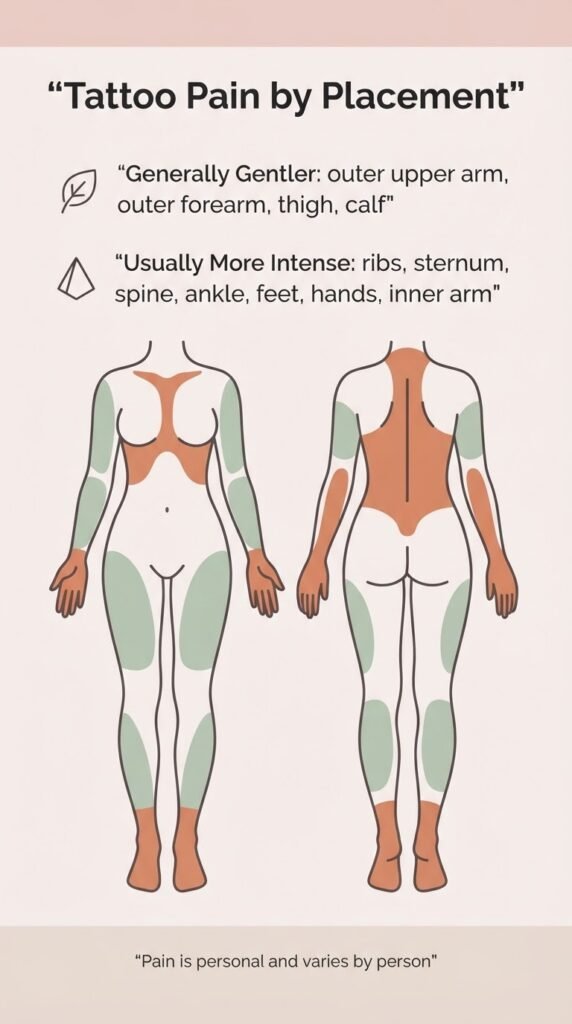 Flat vector body map infographic showing general tattoo pain levels by placement for women, from gentler to more intense areas
