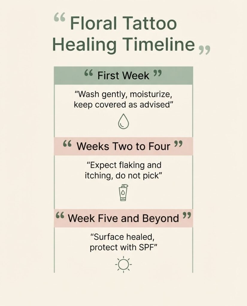 Floral tattoo aftercare and healing timeline infographic covering the first week through full healing