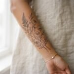 Fine-line botanical floral tattoo on an adult woman's forearm, professionally done and healed, soft editorial close-up