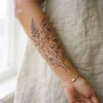 Fine-line botanical floral tattoo on an adult woman's forearm, professionally done and healed, soft editorial close-up