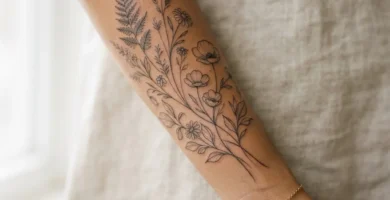Fine-line botanical floral tattoo on an adult woman's forearm, professionally done and healed, soft editorial close-up