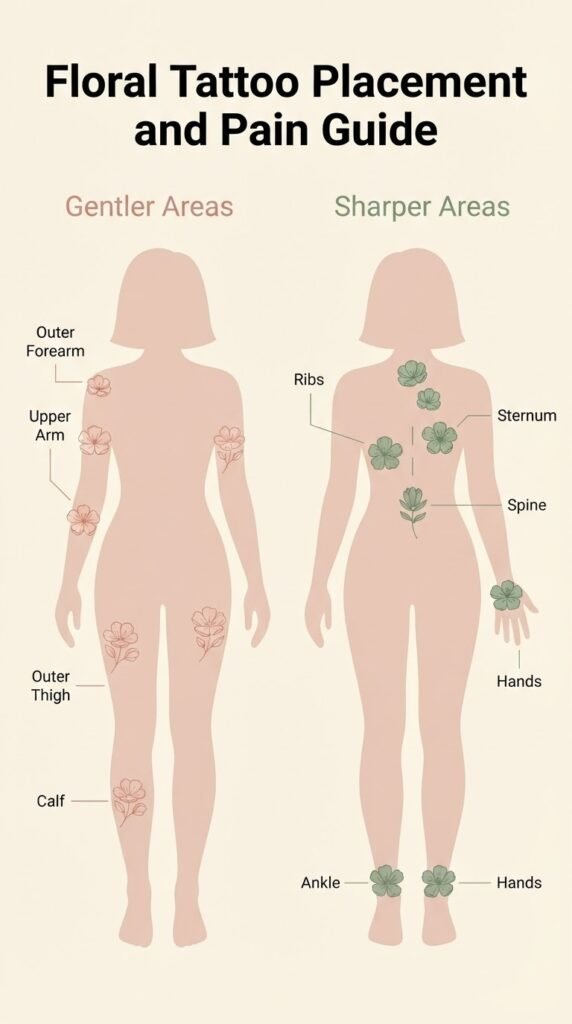 Floral tattoo placement and pain-level body map infographic showing gentler and sharper areas for women