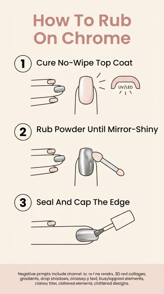 Step-by-step diagram showing how to rub pearl chrome powder onto cured gel nails for a glazed donut finish