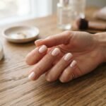 Close-up of milky nude glazed donut nails with pearl chrome finish on short squoval natural nails