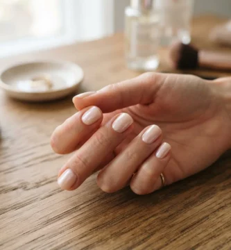 Close-up of milky nude glazed donut nails with pearl chrome finish on short squoval natural nails