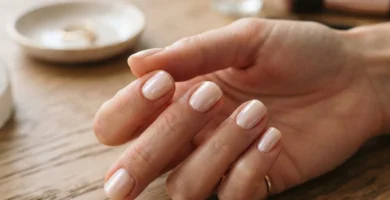 Close-up of milky nude glazed donut nails with pearl chrome finish on short squoval natural nails