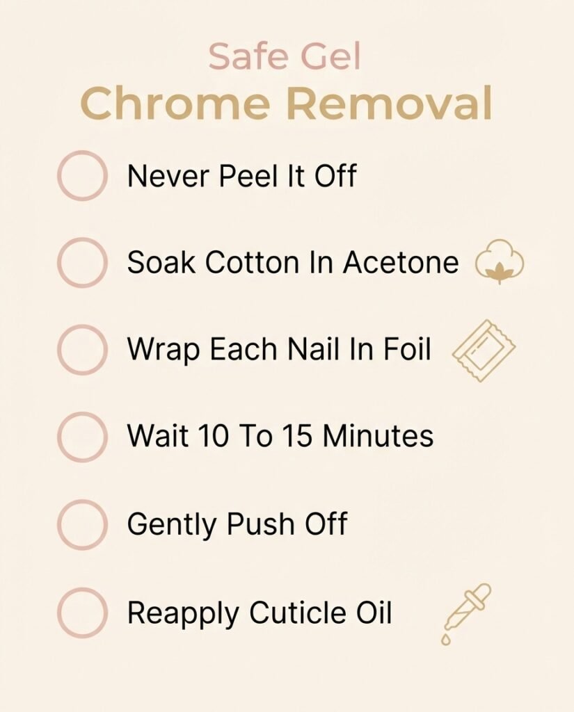 Checklist infographic for safely removing gel and chrome glazed donut nails at home with acetone soak-off