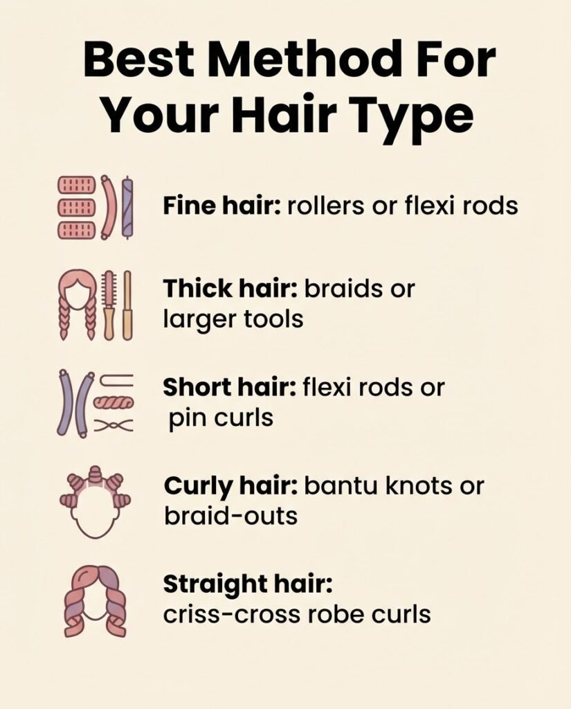 Guide matching heatless curl methods to fine, thick, short, curly, and straight hair types with icons