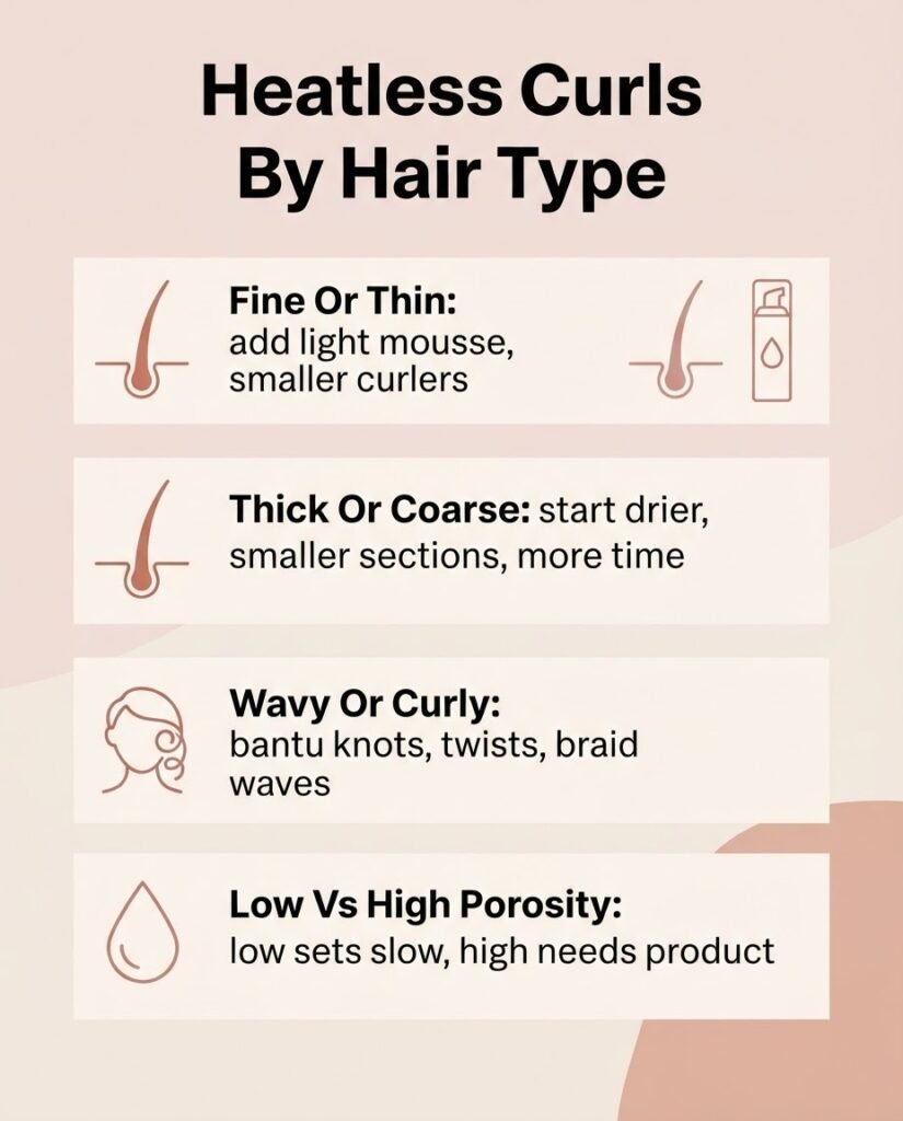 Infographic guide matching heatless curl methods and tips to fine, thick, curly, and low or high porosity hair