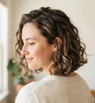 Woman in her twenties with a soft heatless-curled bob showing bouncy no-heat curls on short hair