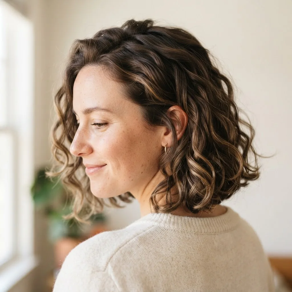 Woman in her twenties with a soft heatless-curled bob showing bouncy no-heat curls on short hair