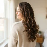 Woman with soft bouncy heatless overnight curls on long brunette hair, natural finished look in soft window light