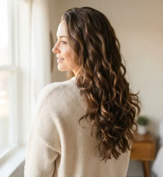 Woman with soft bouncy heatless overnight curls on long brunette hair, natural finished look in soft window light