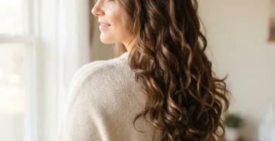 Woman with soft bouncy heatless overnight curls on long brunette hair, natural finished look in soft window light