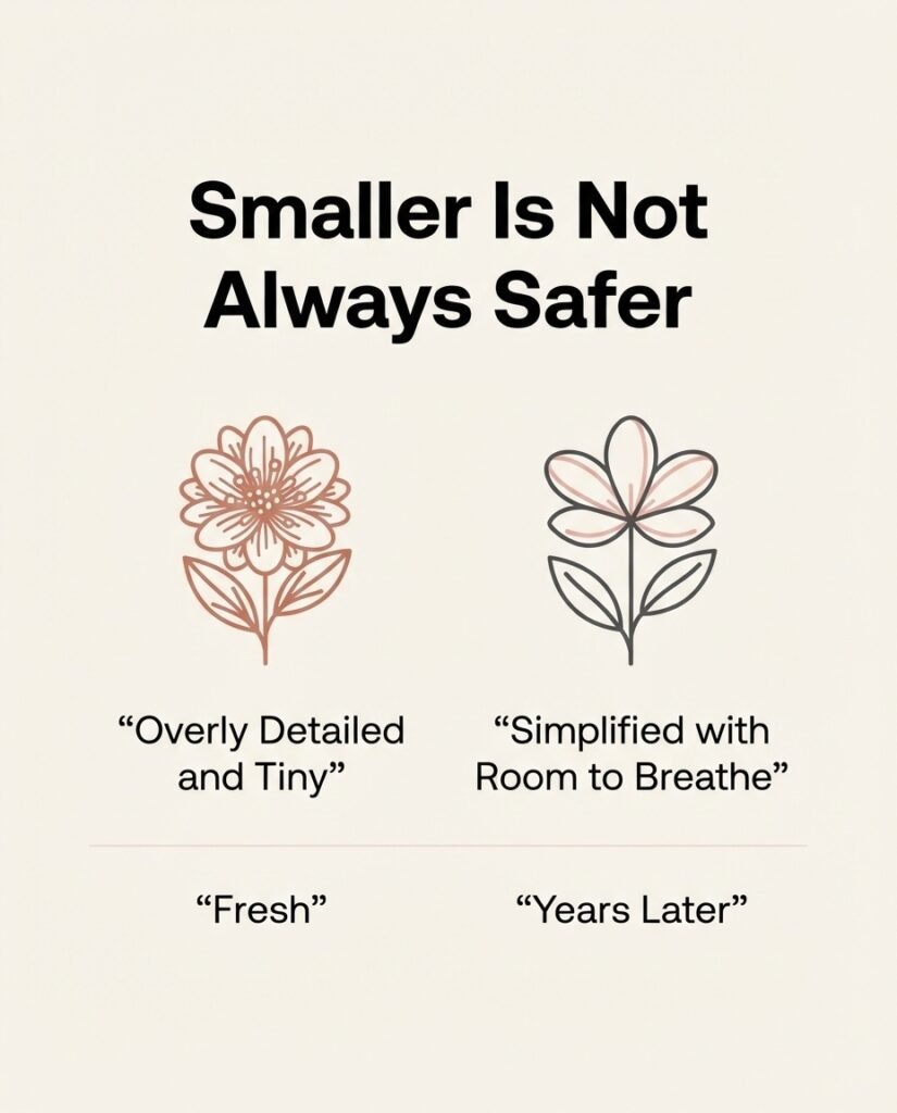 Guide infographic comparing how detailed versus simplified minimalist tattoos age over time