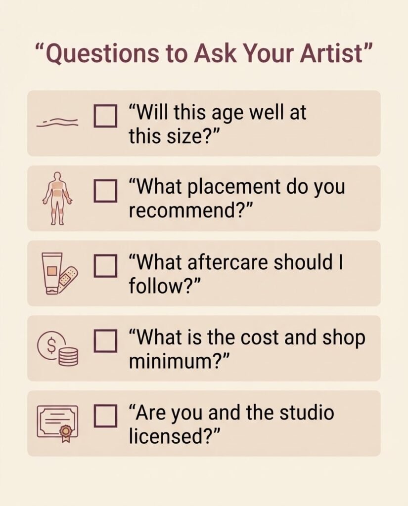 Checklist infographic of questions to ask a licensed tattoo artist before booking a small tattoo