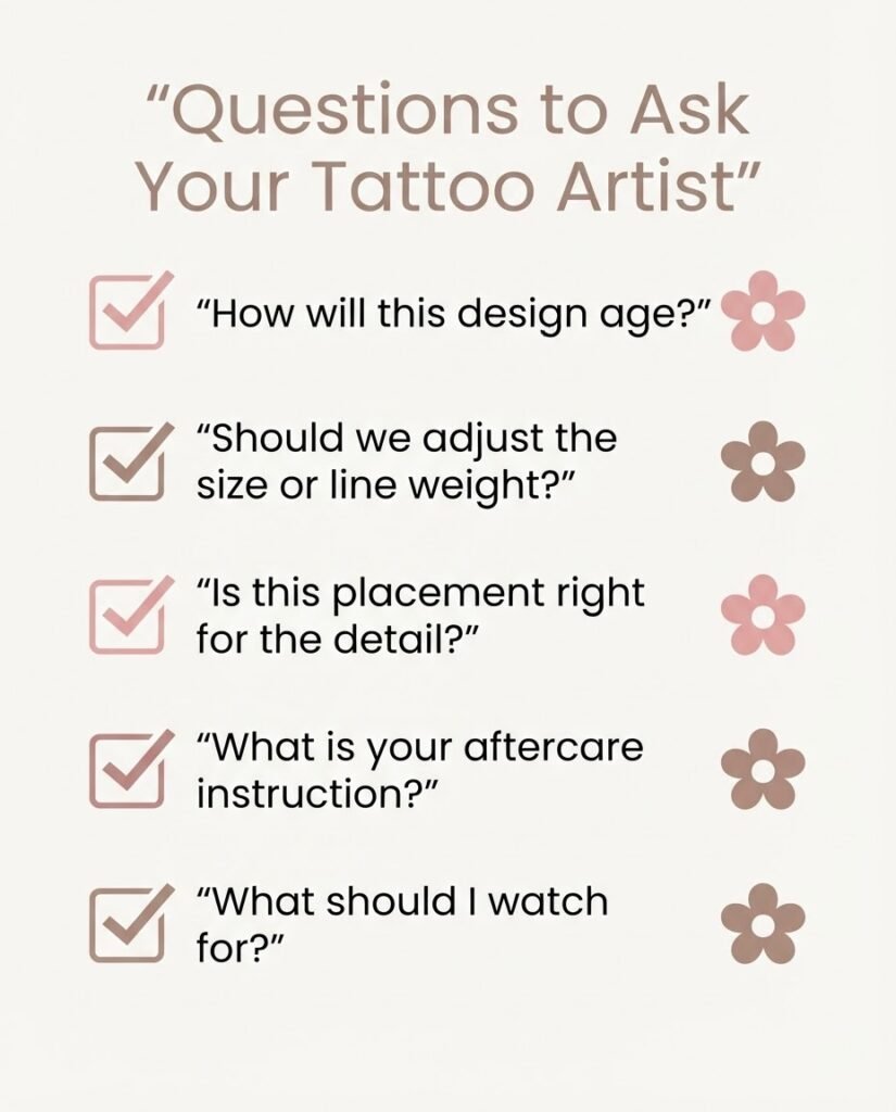 Checklist infographic of questions to ask a licensed tattoo artist at a floral tattoo consultation