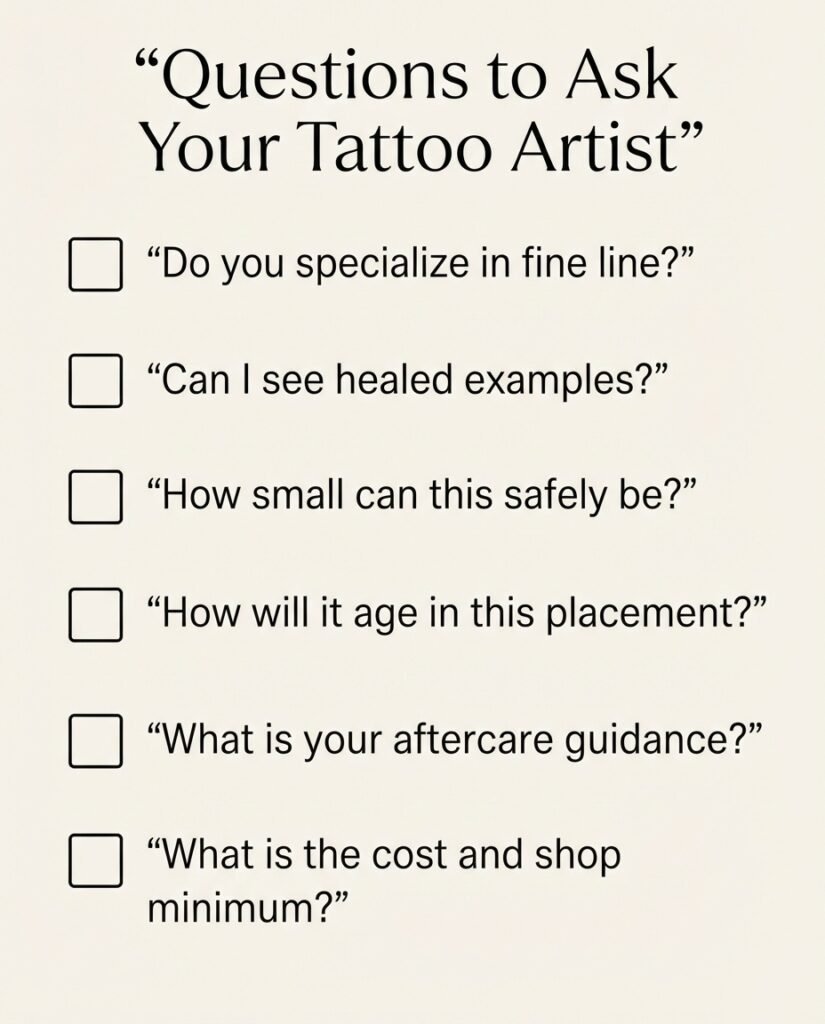 Flat vector checklist infographic of questions to ask a licensed tattoo artist during a fine line tattoo consultation