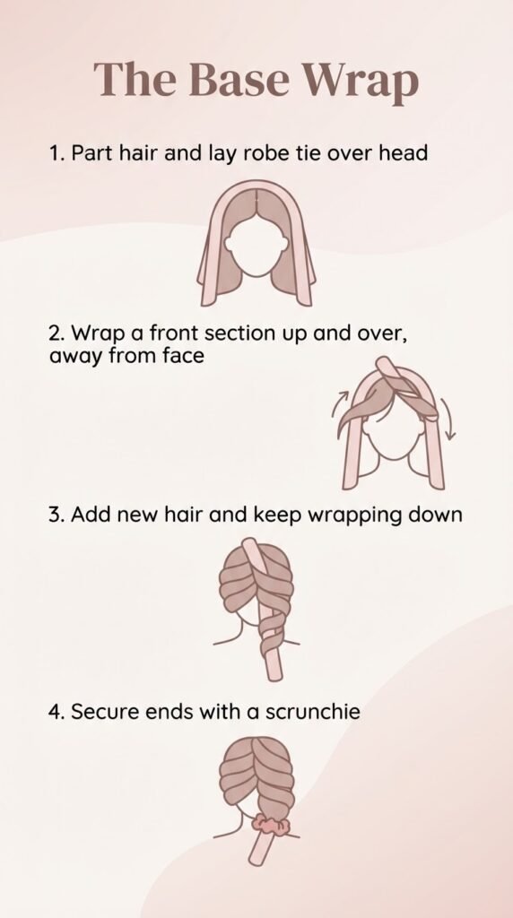 Step by step diagram showing how to wrap hair around a robe tie for heatless curls