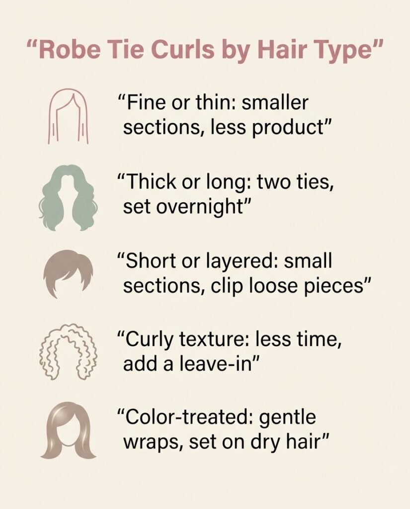 Infographic guide showing how to adjust robe tie heatless curls for fine, thick, short, curly, and color-treated hair