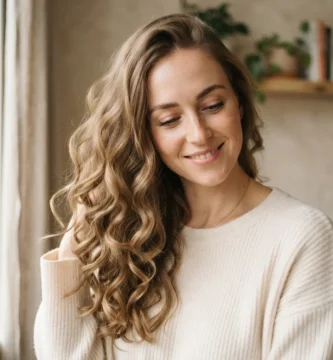 Soft bouncy heatless curls created with a robe tie, shown on long light brown hair in bright natural light