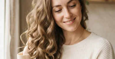 Soft bouncy heatless curls created with a robe tie, shown on long light brown hair in bright natural light