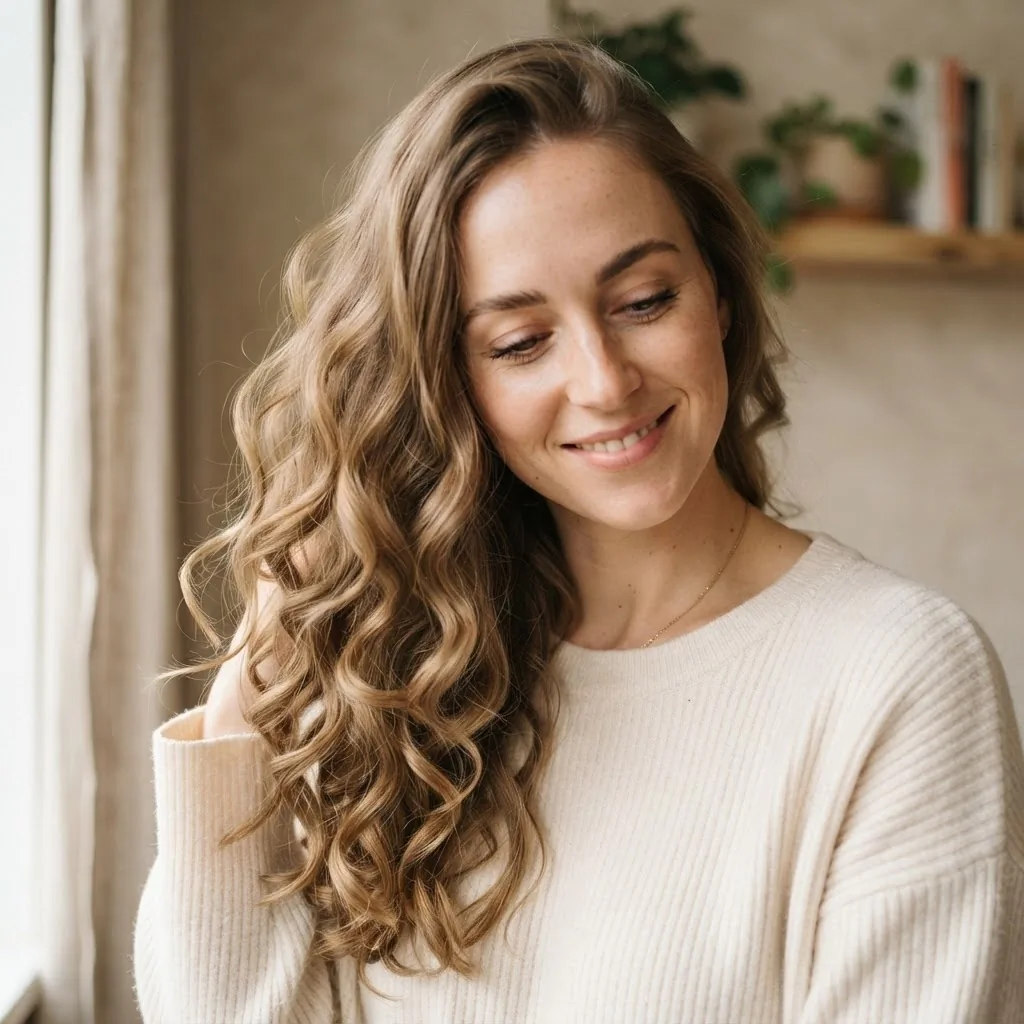 Soft bouncy heatless curls created with a robe tie, shown on long light brown hair in bright natural light