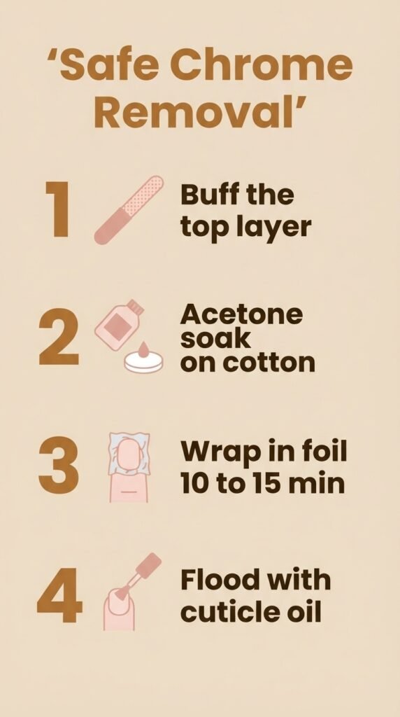 Step-by-step safe chrome nail removal routine using buffing, acetone soak, foil wraps, and cuticle oil aftercare