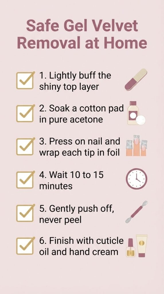Flat vector step-by-step checklist for safely soaking off gel velvet nails at home with acetone and foil wraps