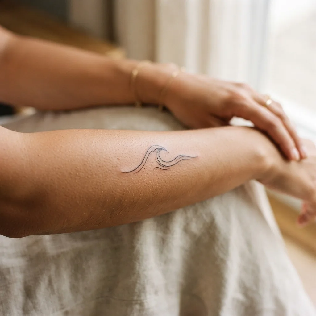 Close-up of a delicate professionally-done fine-line wave tattoo on an adult woman's inner forearm
