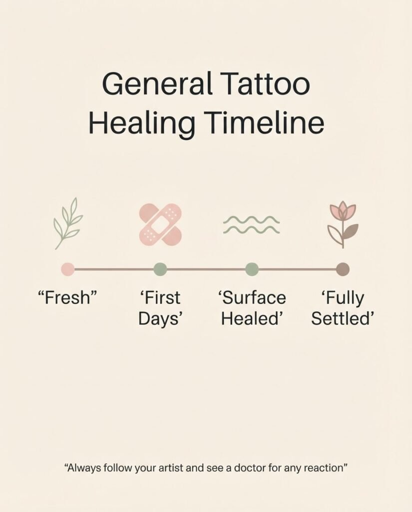 Timeline infographic showing general tattoo aftercare stages and when healed skin appears