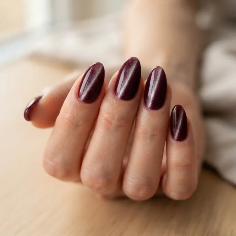 Close-up of deep burgundy velvet nails on almond-shaped nails showing the plush shifting shimmer effect