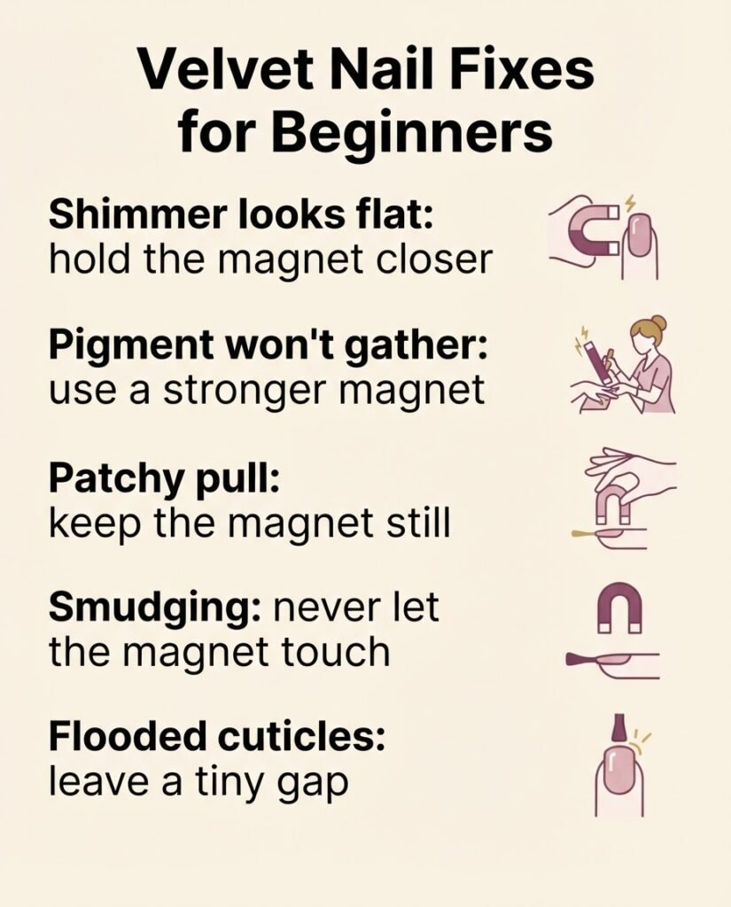 Flat vector troubleshooting guide listing common velvet nail mistakes and quick fixes for beginners