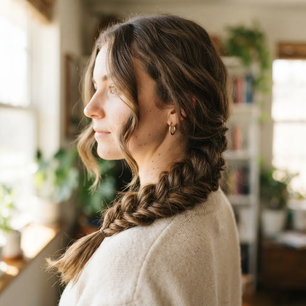 Soft pancaked fishtail braid draped over one shoulder on wavy brunette hair, a beginner-friendly viral braided hairstyle